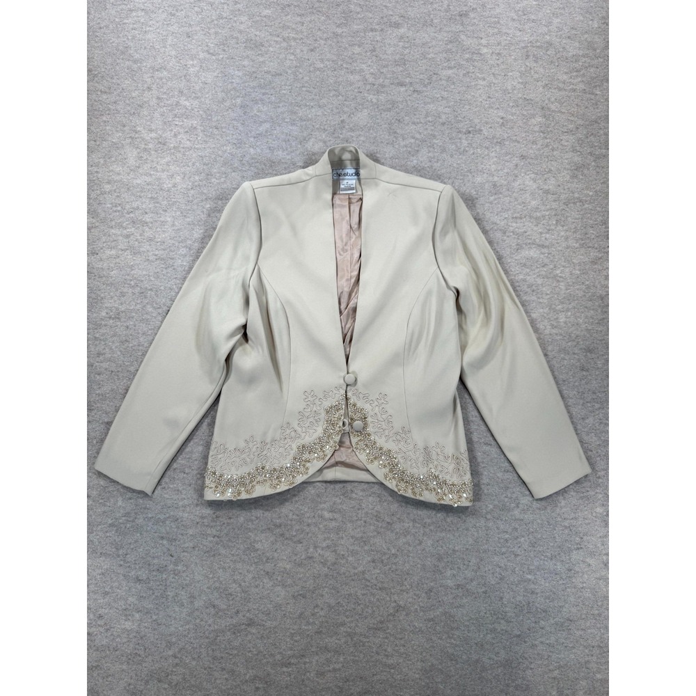 Che Studio Blazer Jacket Womens 10 Beige Lined Embellished Business Formal